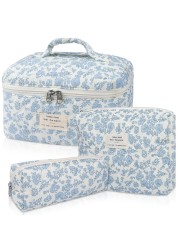 Makeup Bag Set Quilted Makeup Bag Large Floral Cosmetic Bag for Women Cute Cotton Makeup Bags Flower Travel Toiletry Organizer Bag