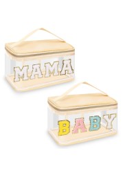 2 Pcs Chenille Letter Clear Makeup Bags Mama Baby Pouch, Preppy Patch Makeup Bag Mama Baby Hospital Duffle Bag Zipper with Handle, Travel Baby Toiletry Bag Nylon Cosmetic Handbag for Women(MAMA+BABY)