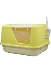 Fully enclosed cat litter box with Transparent door, Litter scoop, and Sand drop pedal, Spacious &amp; Splash-proof design cat toilet for indoor cats, Odor-resistant 65 cm (Yellow)