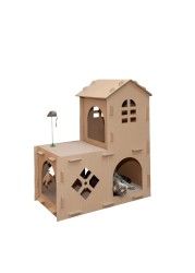 Furhaven MultiLevel Cardboard Cat House wCatnip for Indoor Cats Ft Scratching Pads Toys Farmhouse Corrugated Cat Scratcher Hideout Cardboard Brown One Size