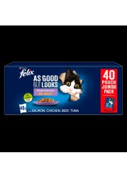 Felix As Good As It Looks Mixed Selection In Jelly Cat Food, 40 Pouch Jumbo Pack with Salmon, Chicken, Beef and Tuna 40 x100g,