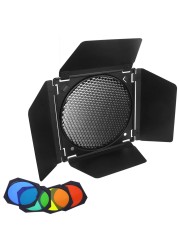 Godox Barn Door BD-04 with Honeycomb Grid for 7&quot; Standard Reflector &amp; Godox SL-60W MS300 SK400II Bowens Mount LED Video Light, with 4-Color Gel Filters, for Adjusting Photography Lighting