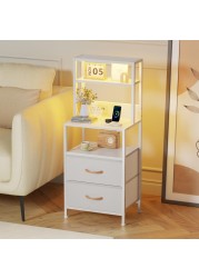 Furnulem Night Stand, Tall Nightstand with 4-Tier Shelves, 2 PU Fabric Drawers and Light Tube, Bed Side Tables with Charging Station, Bedside Table for Bedroom, White