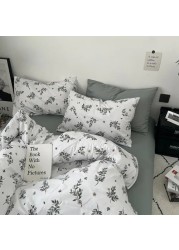 Premium King size 6 pieces Retro style with Grey blue color bedsheet postoral printed bedding set without filler.