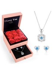 925 Sterling Silver Necklace for Women (HYPOALLERGENIC) Gifts for Women Jewelry Set Silver with Box Rose Mother Daughter Matching Preserved Rose with Necklace Diamond Heart Earrings, Sterling