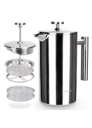 Secura French Press Coffee Maker 304 Grade Stainless Steel Insulated Coffee Press with 2 Extra Screens 34oz 1 Litre Silver