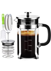 YMMIND French Press Coffee Maker 21oz 304 Stainless Steel Coffee Press,with 4 Filters System, Heat Resistant Thickness Borosilicate French Press Glass, BPA-Free Brewed Tea Pot Coffee Plunger
