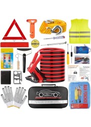 CYECTTR LRMI Emergency Car Kit Roadside Car Emergency Kit First Aid Kit LED Flash LightJumper Cables Tow Strap Safety Vest More Ideal Winter Survival Pack Accessory for Your Car Truck Or SUV