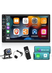 7 inch Double Din CarPlay Car Stereo with Car Play and Android Auto, 7inch Touch Screen Radio with Mirror Link/SWC/Bluetooth/FM Radio + Reverse Camera+ Remote Control