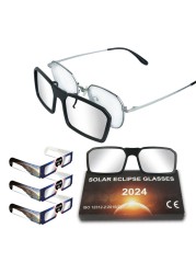 QONBINK AAS Approved Solar Eclipse Glasses for Myopia Glasses, ISO &amp; CE Safety 2024 New Eclipse Glasses for Direct Viewing Sun (3 Pack + 1 Clip-on Lens), Fr-2401