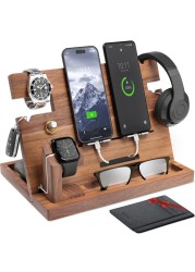 ETERLUCK Wooden Docking Station Men Nightstand Organizer Bundle wRFID Blocking Leather Wallet Charging Station Cell Phone Stand Tablet Stand Husband Gifts from Wife for Dad Walnut