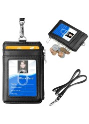 ELV Badge Holder with Zipper, PU Leather ID Badge Card Holder Wallet with 5 Card Slots, 1 Side RFID Blocking Pocket and 20 inch Neck Lanyard Strap for Offices ID, School ID, Driver Licence (Black)