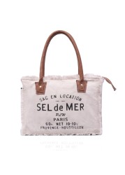 Sel De Mer Upcycled Canvas &amp; Cowhide Leather Tote Bag Upcycled Canvas Hand Bag Canvas Handbag Bag for Women (White)