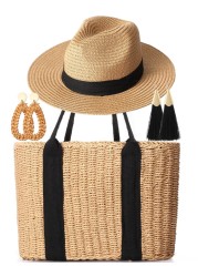 Glitopper 4 Pcs Straw Bag Woven Bag and Rattan Wicker Hat Tassel Earrings Set Summer Tote Handbag for Woman Vacation Boho Accessories