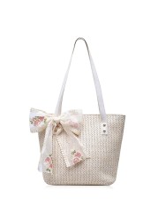 QTKJ Women Large Straw Beach Tote Bag Summer Hand-woven Bags Shoulder Bag Leather Handle Beach Handbags with Cute Lace Bow Small (White)