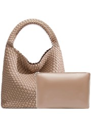 Women Vegan Leather Hand-Woven Tote Handbag Fashion Shoulder Top-handle Bag All-Match Underarm Bag with Purse (Apricot)