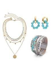 MTJAHPS 3 Pcs Western Jewelry for Women Bohemian Set, Gold Layered Necklace for Women, Faux Leather Layered Bracelet, Turquoise Beaded Huggie Hoop Earrings