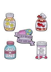 Cartoon Stars Happy Pill Brooch Bottle Enamel Pin Take Care Pill Bottle Enamel Pin Set Love Pill It&#39;s OK If You Need Meds Every Day Brooch Badge Creative Cute Pills Medicine Bottle Lapel Pin women