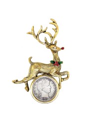 Coin Holiday Reindeer Goldtone Brooch Barber Dime Pin Safety Closure Certificate of Authenticity