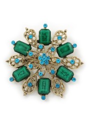 Vintage Inspired Teal Green Acrylic Bead, Light Blue Crystal Filigree Flower Brooch In Gold Tone - 60mm D
