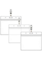 Horizontal Name Tag Holders and Metal Badge Clips with Vinyl Strap Waterproof PVC ID Card Holder (Horizontal 2.36x3.74 3PACK)
