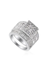 Square CZ Engagement Ring/Wedding Band Bridal Set for Women/Wide Baguette and Round Multi Cut Stones Statement 925s Ring Size 7