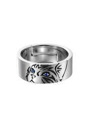 Blue CZ Eye Cat Wide Band Ring Lovely Animal Statement Open Ring for Men Women Adjustable Knuckle Middle Finger Cute Fashion Gifts for Pet Lover Birthday Christmas Bff Personalized Jewelry Comfort Fit