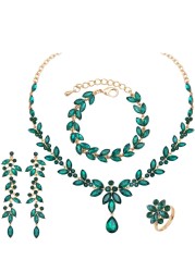 CSY 4 Pcs Elegant Bridal Jewelry Sets Austrian Marquise Crystal Wedding Necklace Dangle Earrings Tennis Bracelet Ring Set for Bride Women Costume Accessories (green crystal-gold tone)