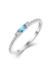 Veshon 925 Sterling Silver Baguette Blue Aquamarine Rings for Women Thin Stackable Birthstone Promise Rings Half Eternity Halo Cubic Zirconia Wedding Band Rings for Her Size 8