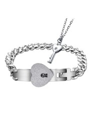 Aiwanto Couple Bracelet and Necklace Key Lock Set Lovers Jewelry Valentine's Day Gift for Couples(Silver)