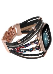 Posh Leather Bands Compatible with Fitbit Versa 3/Fitbit Sense, Women Boho Stylish Multilayer Wrap Bracelets Wristband, Handmade Adjustable Jewelry Strap for Sense/Versa 3 Smart Watch (Black Flower)