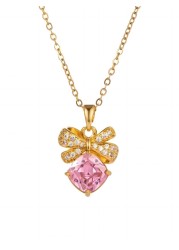 WUFENGJING 18K Gold Plating Bowknot Zircon Love Necklace 2023 New Versatile Necklace For Women Girls, Pink