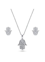 BERRICLE Sterling Silver Hamsa Hand Cubic Zirconia CZ Fashion Necklace and Earrings Set for Women, Rhodium Plated