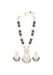 Aheli Gold Plated Rani Pink &amp; Green Kundan Beads Studded Long Necklace &amp; Dangle Earrings Set Ethnic Traditional Jewelry Gift for Women