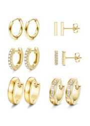 JOERICA 6 Pairs Hoop Huggie Earrings for Women Minimalist Cuff Mini Bar Stud Earrings Gold Silver Cubic Zirconia Small Ear Piercing Set (Gold)