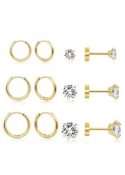 Dainty 6 Pairs Earrings Sets for Multiple Piercing, Lightweight 14K Gold Plated Small Huggie Hoop Earrings, Lobe, Hypoallergenic (14K Gold Plated- Huggie Hoops and CZ Studs)