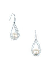 GEMISTRY 925 Sterling Silver Freshwater Cultured White Pearl June Birthstone Open Work Dangle Earrings Women Festival Unique Gift Present