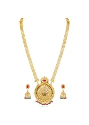 Aheli Gold Plated Rani Pink &amp; Green Synthetic Stone Studded Long Maharani Haar Necklace &amp; Jhumki Earrings Traditional Jewellery Set Gift for Women
