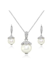 B. BRILLIANT Sterling Silver Simulated Pearl Petals &amp; White Topaz Accents Drop Leverback Earrings and Necklace Jewelry Set for Women Bridesmaids Gift