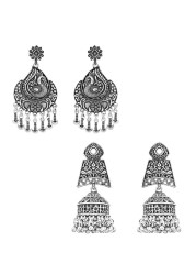 I Jewels Navratri Ethnic Silver Oxidised Afghani Floral &amp; Peacock Design Drop Earrings Combo For Women &amp; Girls (E3137-138CO)