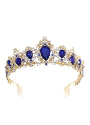 Queen Crown and Tiaras for Women,Vintage Gold Rhinestone Pageant Crowns With Comb Baroque Wedding Hair Jewelry Accessories(Blue)