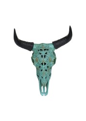 OTARTU Turquoise Tribal Design Carved Steer Skull Wall Hanging Sculpture, Cow Skull 19 Inch Steer Head Bull Skull Wall D&Atilde;&copy;cor (Turquoise)