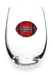THE QUEENS&#39; JEWELS Football - Red and Black - Jeweled Stemless Wine Glass, 21 oz. - Unique Gift for Women, Birthday, Cute, Fun, Not Painted, Decorated, Bling, Bedazzled, Rhinestone
