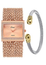 Gosasa Women&#39;s Gold Silver-Tone Multi-Chain Bracelet Watch Lady Female Dress Analog Quartz Wrist Watches with Cuff Bangle Stainless Steel Bracelets Set