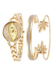 Weicam Women&#39;s Diamond Wristwatch Bangle Bracelet Jewelry Set Analog Quartz Wrist Watch for Ladies (Gold)