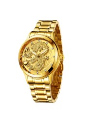 Udaney Mens Gold Dragon Watches Quartz Wristwatch for Father Husband Son with Dragon Necklace