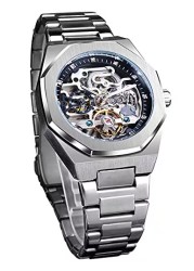 FORSINING Automatic Watch Mechanical Wrist Watch for Men Octagonal Waterproof Skeleton Watches Luxury Diamond Tourbillon Silver Stainless Steel Band