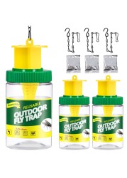 3 Pack Outdoor Hanging Fly Trap Bottles, Reusable Fly Killer Trap Catcher Jar with Natural Bait Refill and Tie Included,Fly Repellent for Outdoor Use Only - Controls Flies for Patios,Barns,Ranches