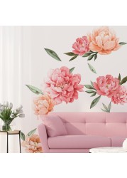 Peony Flowers Wall Decals, Watercolor Elegant Peonies Rose Floral Wall Stickers, FODIENS Pink Blossom Flower Wallpaper Art Applique for Living Room Bedroom Girls Room