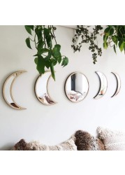 5 Pieces Scandinavian Natural Decor Acrylic Wall Decorative Mirror Interior Design Wooden Moon Phase Mirror Bohemian Wall Decoration for Home Living Room Bedroom Decor - Not Actual Mirror (beige)